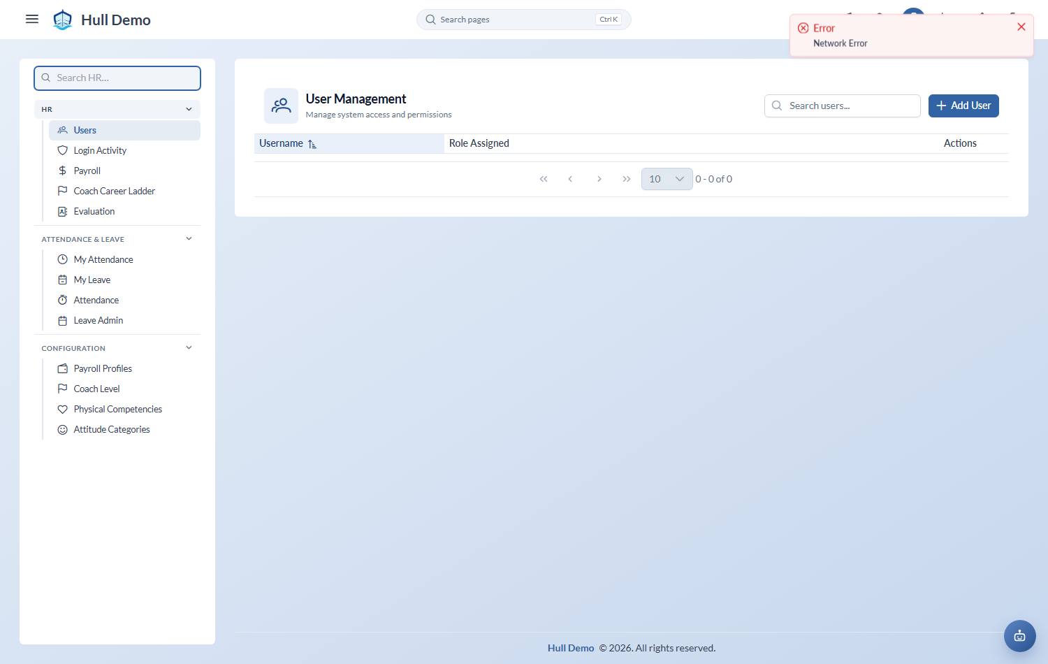 The user list with the Add User button