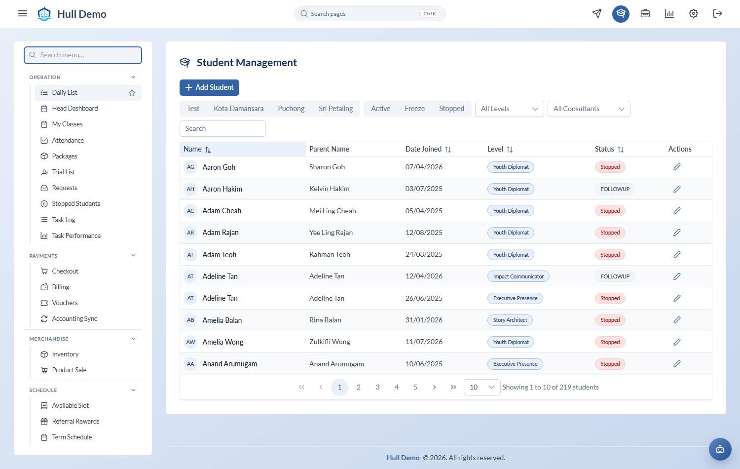 The student list with the Add Student button