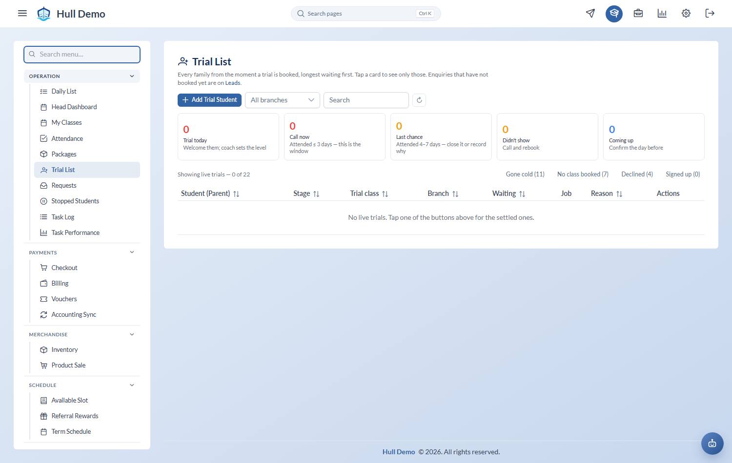 The Trial List with the Add Trial Student button