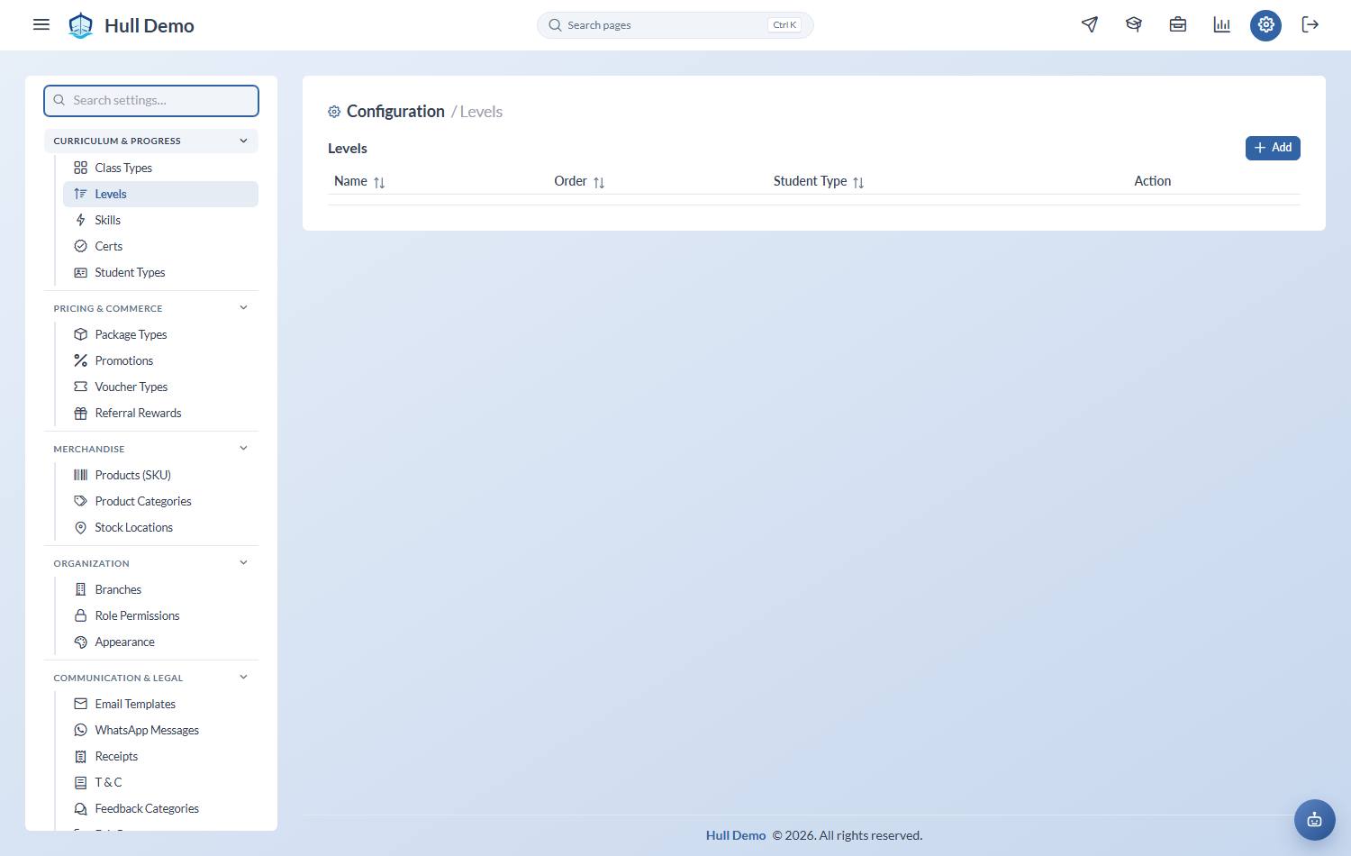 The configuration page with the curriculum group open