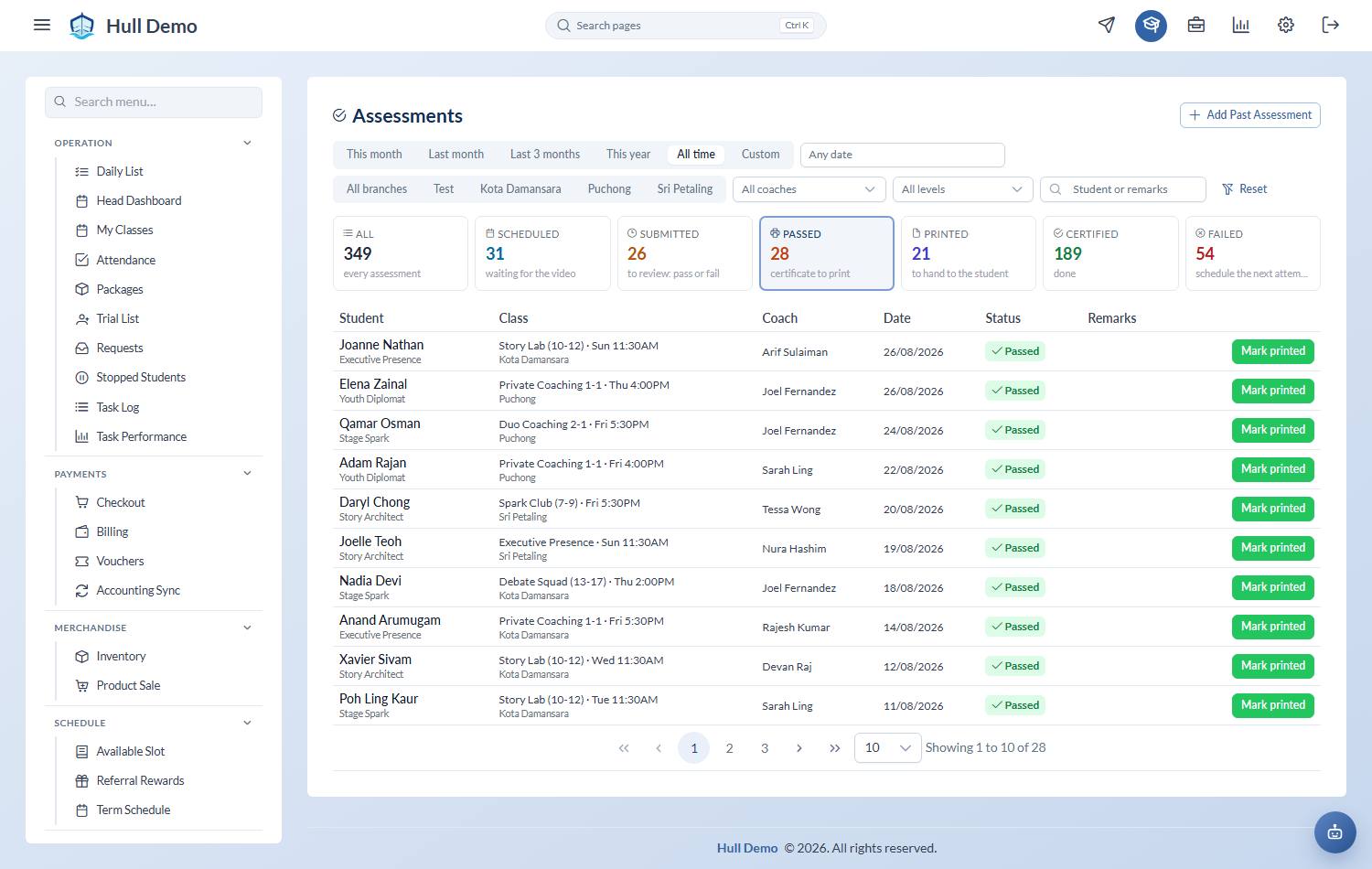 The Assessments screen with the Passed card selected, showing certificates to print