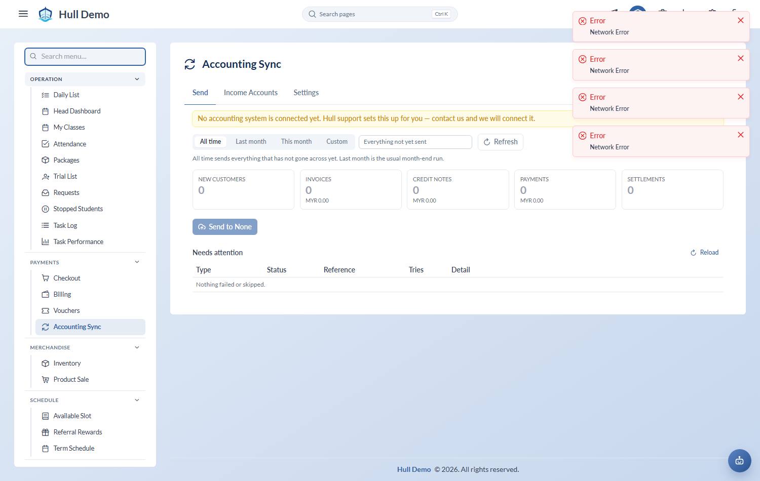 The income accounts list with packages against account dropdowns
