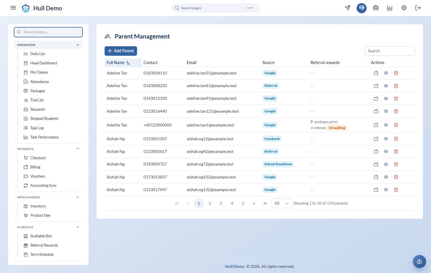 The parent portal showing a child's classes