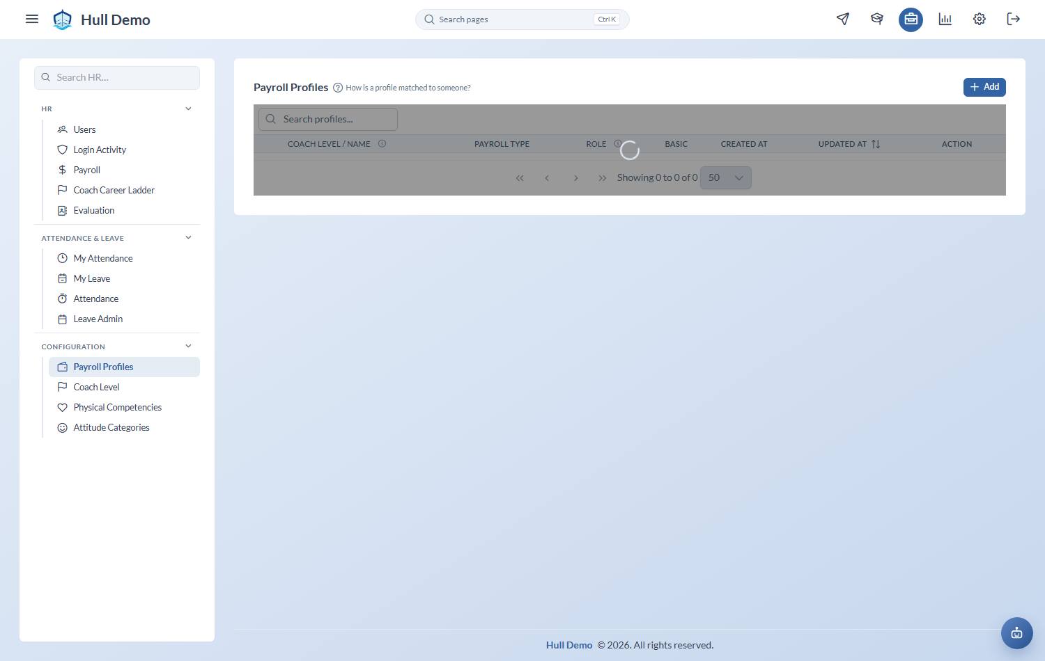 The payroll profiles list showing standard profiles by level and role