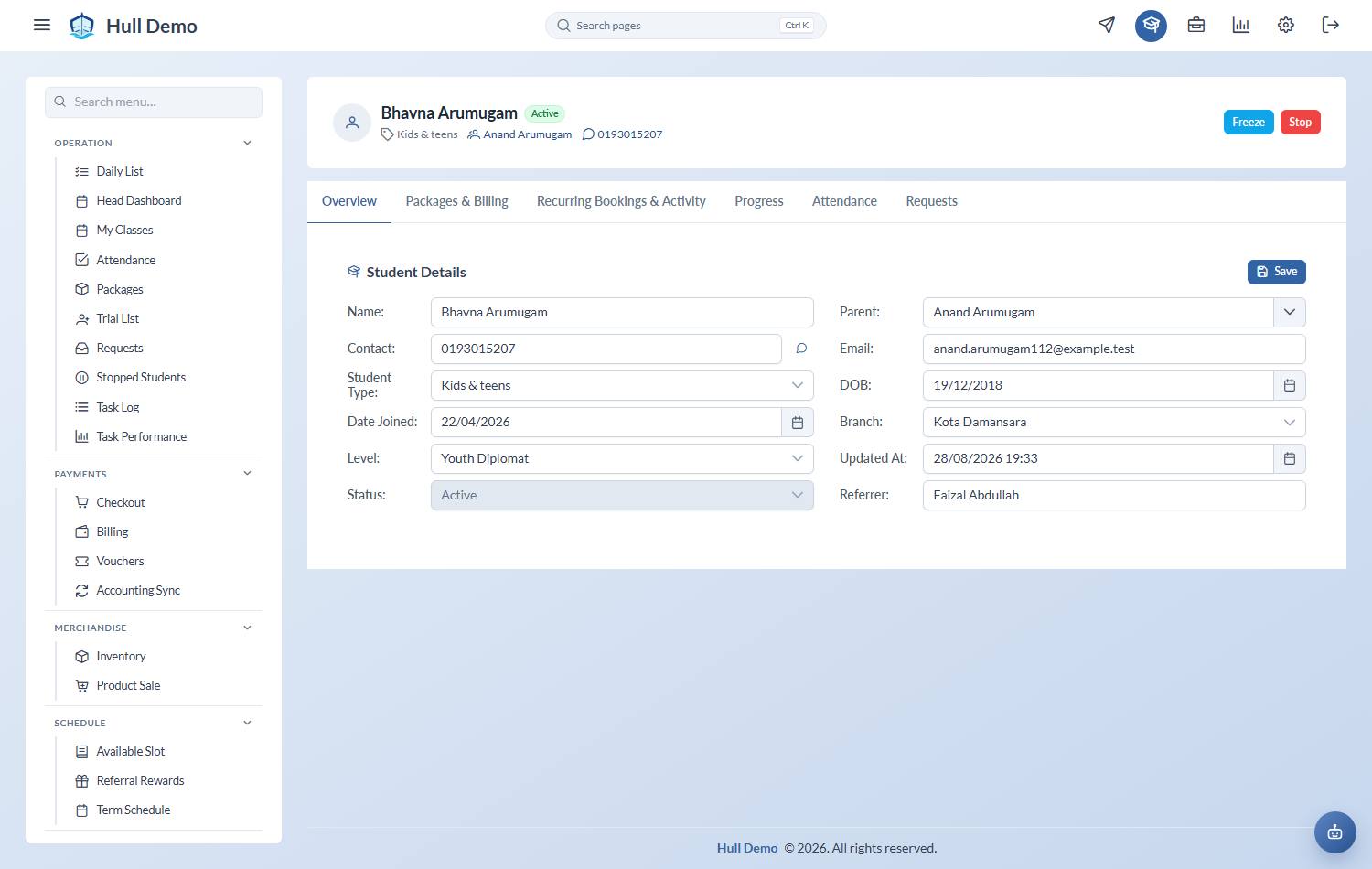 A student profile with the details, packages and bookings sections