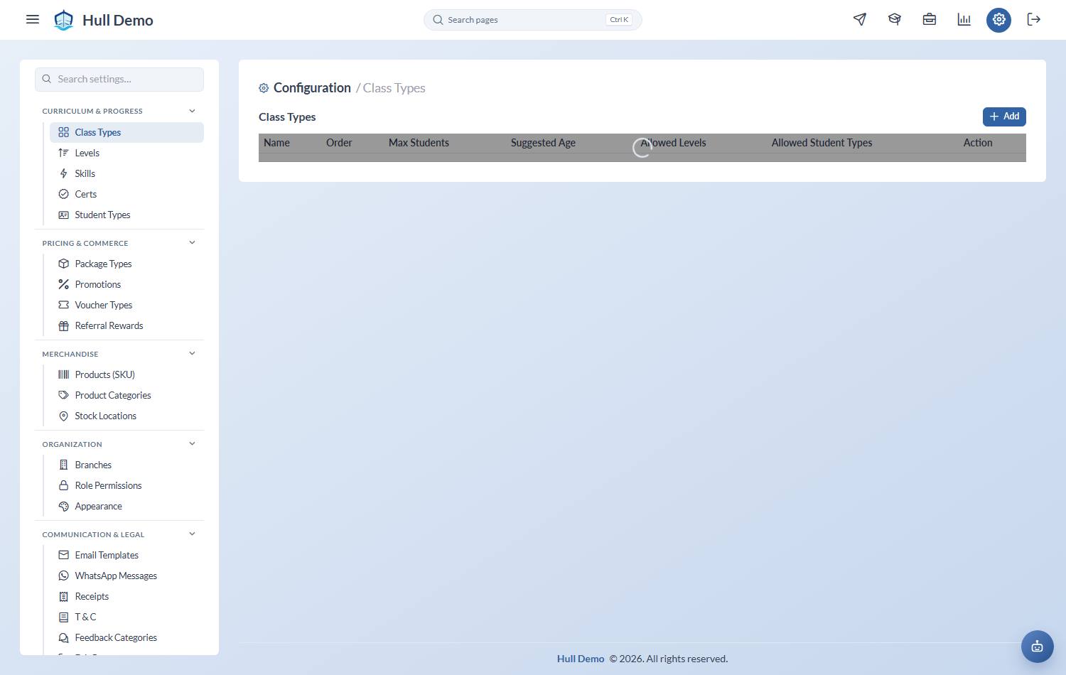 The configuration page showing its groups of settings